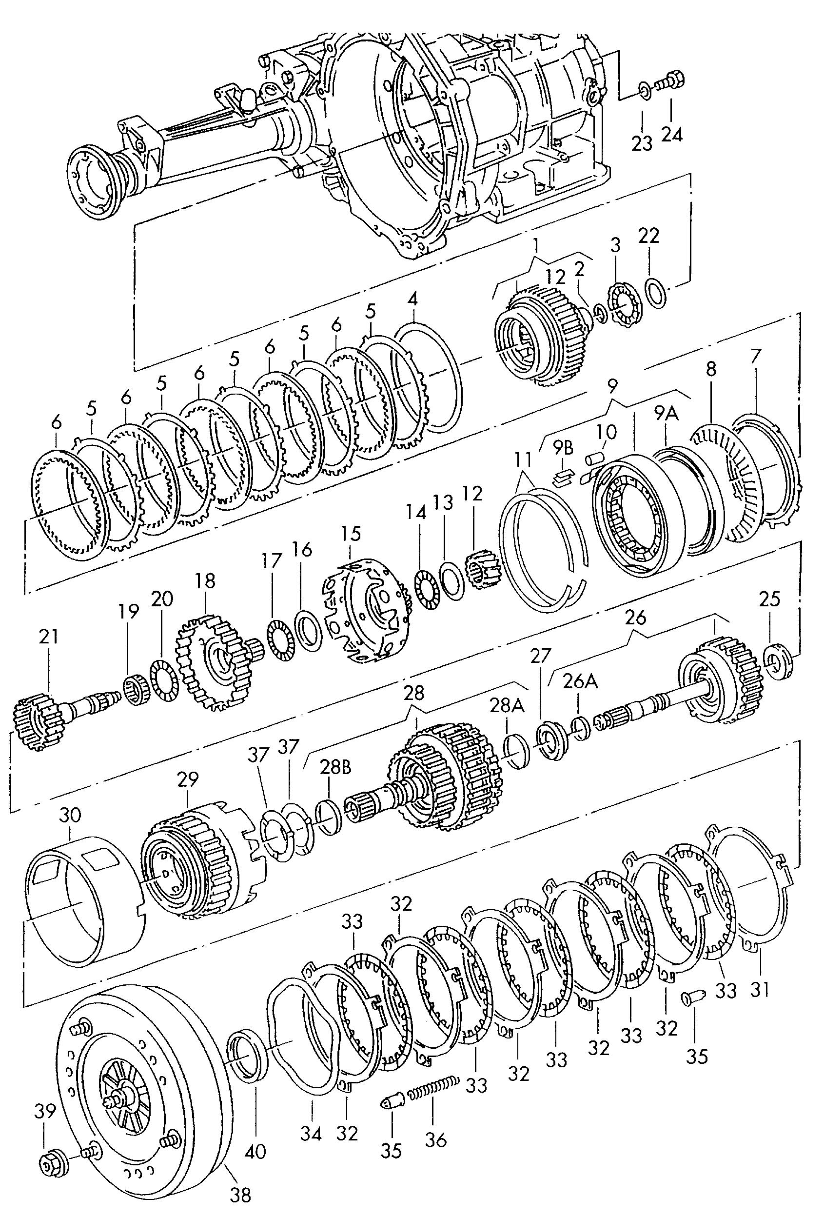 Forward, reverse gear clutch planet pinion carrier torque converter for 4 speed automatic transm.